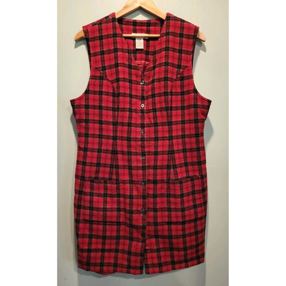 Vtg Eddie Bauer Wool Blend Red Plaid Sleeveless Button Up Dress Sz 16